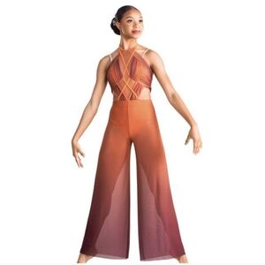 Tenth House Rust Burnt Orange Halter Mesh Jumpsuit Dance Custume Freefall PA